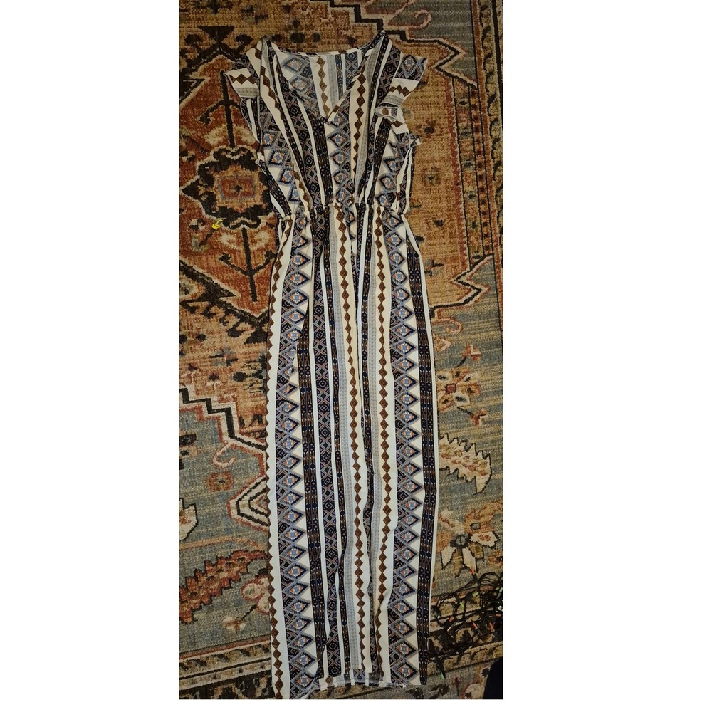 SHEIN Boho Geometric Tribal Print Maxi Dress V-Neck Ruffle Sleeve Blue Brown M 6